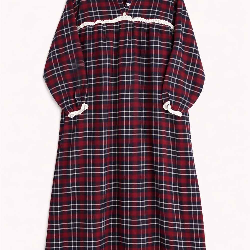 Plaid Long-Sleeve Nightgown with Lace Trim - Red/Navy